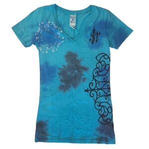 Sugar & Rox By Buckle Womens Teal Tie-Dye V-neck Graphic Tee w/ Rhinestones - M